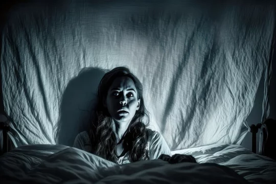 Frau in Angst allein im Schlafzimmer