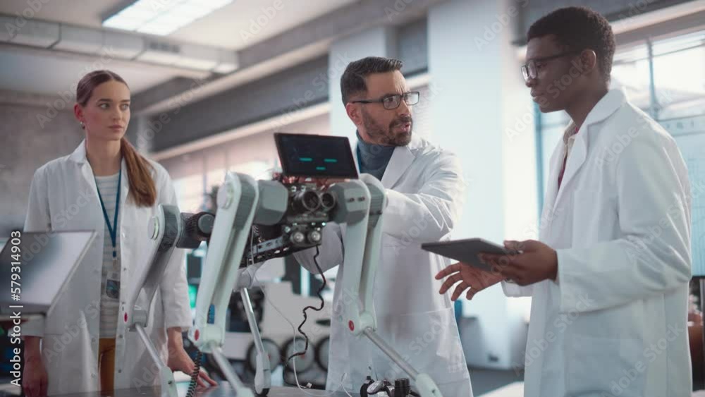 Poster Diverse Team of Industrial Robotics Specialists Working on a Mobile Robot. Young Engineers In Lab Coats Discussing an Automated AI Robotic Dog with Their Project Supervisor, Using Digital Tablet