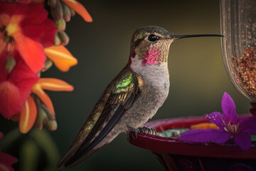 Female Anna's Hummingbird perching on a feeder full of brilliant flowers. Generative AI