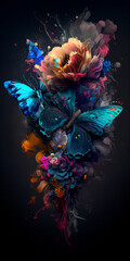 Naklejka na ściany i meble Magical colorful flowers butterflies. AI Generated illustration