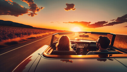 Fototapeta na wymiar A Couple Enjoying Road Trip With Sunset View