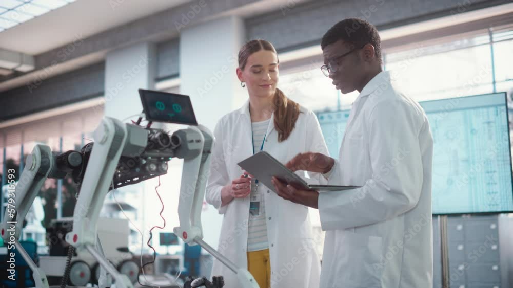 Poster Two Multiethnic Industrial Robotics Specialists Working on a Mobile Robot, Using Laptop. Black Male Young Engineer In Lab Coat Discussing an Automated AI Robotic Dog with his Female Project Supervisor