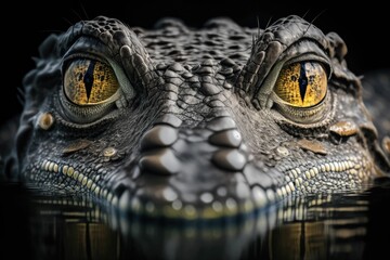 Front angle Close-up shot of a crocodile's head scales and eyes. Generative AI.