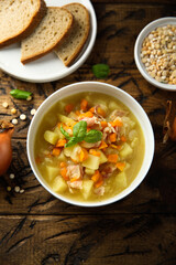 Homemade pea soup with smoked pork