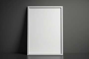 Mockup of a white poster in a black frame. Empty white A4 sized paper hanging on gray wall. Generative AI