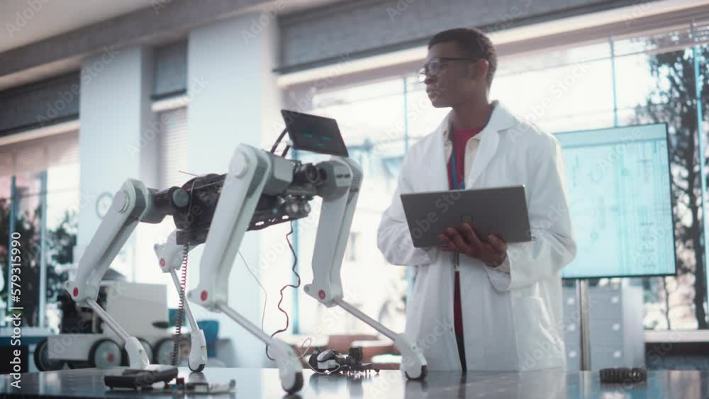 Aufkleber young african american male engineer testing industrial programmable robot animal in a factory devel