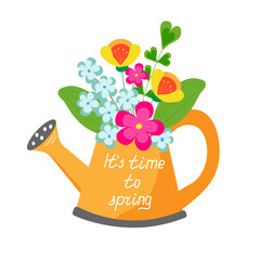 Bouquet of fantasy spring flower in the orange watering can with lettering it's time to spring. Gardening, springtime  concepts.