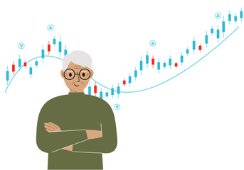 A grandpa on the background of a Forex chart. Conceptual illustration on the topic of strategic planning in trading on the stock exchange.
