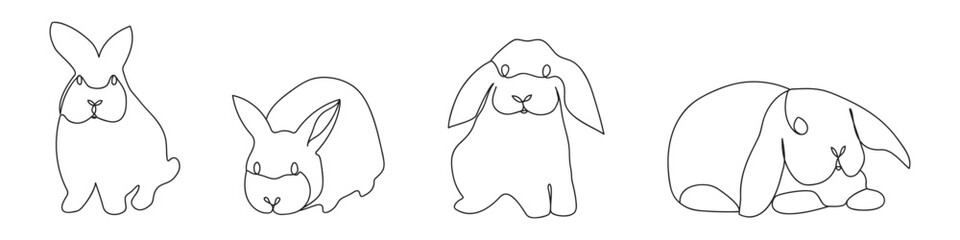 Easter bunny set in simple continuous one line style. Vector illustration.