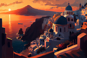 The ancient city on the Mediterranean coast - Santorini. AI generated. - obrazy, fototapety, plakaty