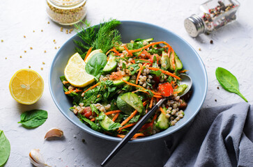 Green Buckwheat Salad with Spinach, Herbs and Vegetables, Vegetarian Meal