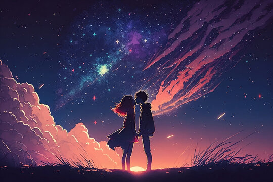 Premium AI Image  anime couple kissing in front of hearts with orange  background generative ai