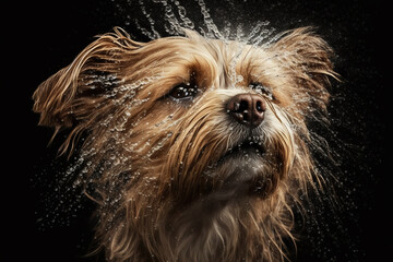 Naklejka premium Wet dog head shaking off water while shaking his head. Dog shaking his head and splashing water all over. Ai generated