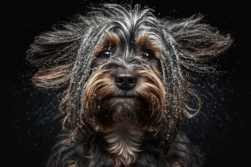 Naklejka premium Wet dog head shaking off water while shaking his head. Dog shaking his head and splashing water all over. Ai generated