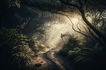 Fototapeta premium Path Trail on a luxuriant tropical Jungle forest with beautiful morning lighting. Forest trail in the Jungle. Ai generated