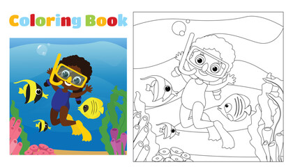 Coloring book for children from 4 to 11 years old. A happy girl in a swimsuit and fish swims near the coral reefs. Vertical scene in cartoon style.