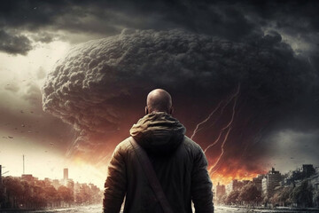 Obraz premium Man witnessing a giant atomic explosion. End of the world concept with man and enormous fire explosion blast. Ai generated