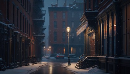 Snow on city street, at night. Generative AI illustration.