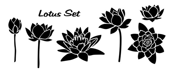 Lotus flowers silhouettes. Black lily. Flowers stencil wall art. 
