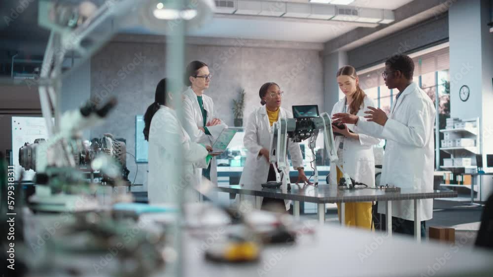 Aufkleber young black male specialist leading his diverse team on an ai robot project in a facility laboratory