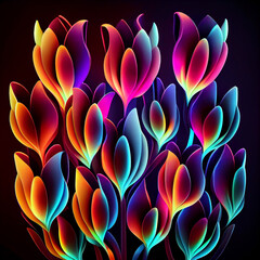 Neon glowing tulips flowers. Abstract bouquet, luminescent acrylic painting. Vertical canvas design. Generative AI