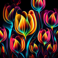 Neon glowing tulips flowers. Abstract bouquet, luminescent acrylic painting. Vertical canvas design. Generative AI