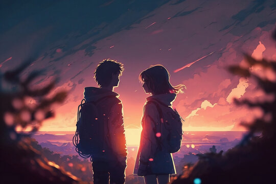 Romantic Anime Couple on Beach. Generative AI