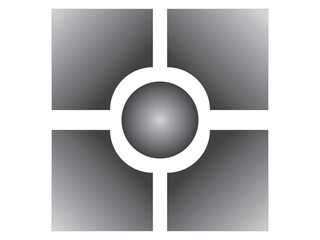 Grafika wektorowa przedstawiająca kompozycję złożoną z kuli i kwadratów z wyciętym jednym rogiem. Stosując gradient  w skalach szarości uzyskano efekt trójwymiarowy. © boguslavus