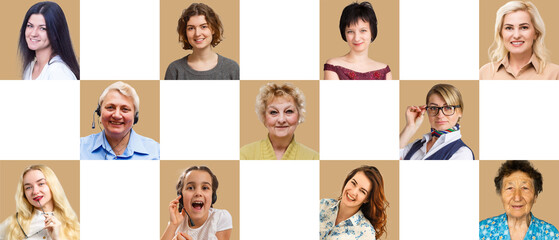 Fototapeta premium Lot of different multiracial people headshots portraits in square collage mosaic image. Many hundreds of diverse age and ethnicity people faces looking at camera collection. Social diversity concept.