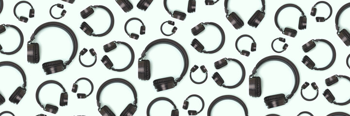 Banner with pattern made of wireless headphones on a blue background.