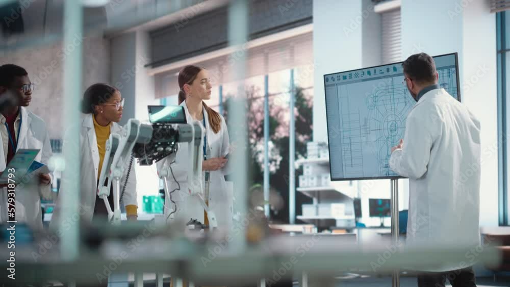 Poster Diverse Team of Males and Females Discussing Ideas in Technological Startup Lab. Group of International Students Listening to Their Robotics Professor While He Explains AI Robot Prototype Blueprints