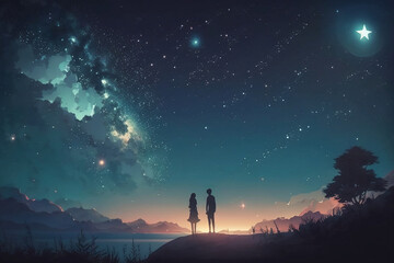 Naklejka na ściany i meble Romantic Anime Couple Stargazing: Watching the Night Sky Together, Anime Digital Art illustration for background wallpaper. Generative AI