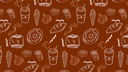 Background Junk Food Related Seamless Pattern. Editable Stroke Fast Food Line Art of hamburger, pizza, hot dog, beverage, cheeseburger. Restaurant menu background, tasty unhealthy lunch.