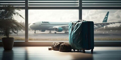 des bagages dans un hall d'aéroport, devant une baie vitrée avec un avion en arrière-plan - generative ai