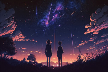 Romantic Anime Couple Stargazing: Watching the Night Sky Together, Anime Digital Art illustration for background wallpaper. Generative AI