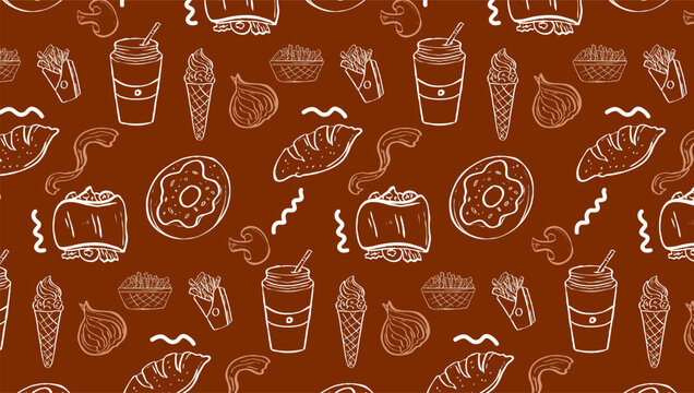 Background Junk Food Related Seamless Pattern. Editable Stroke Fast Food Line Art of hamburger, pizza, hot dog, beverage, cheeseburger. Restaurant menu background, tasty unhealthy lunch. © Setia69