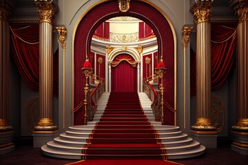 Red velvet stairs with red carpet and red curtains in the theater hall. Generative AI