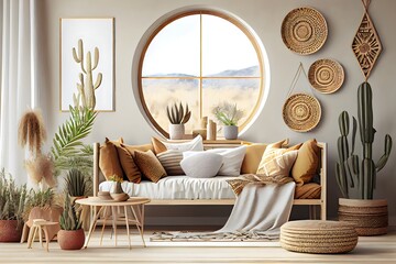 huge window and natural furniture fill the living room. Excellent illustration Wall mockup with a bohemian interior design. Generative AI