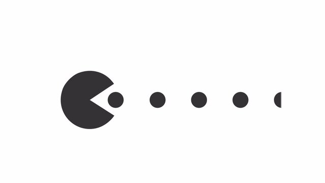 Animated circle eats dots loader. Retro game. Simple black and white loading icon. 4K video footage with alpha channel transparency. Wait-animation progress indicator for web UI design
