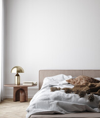 Home mock-up, blank wall in Scandinavian bedroom interior, 3d render - obrazy, fototapety, plakaty
