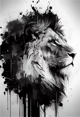 Foto op Plexiglas Black and white ink lion print. AI render. © writerfantast