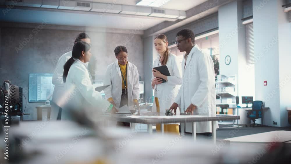 Poster Diverse Team of Industrial Robotics Specialists Gathered Around a Table to Discuss a Blueprint. Engineers In Lab Coats Using Laptop Computer and Tablet, Brainstorming Ideas For Electronic Components
