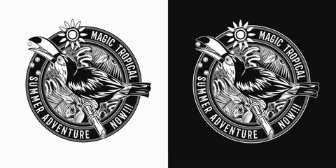 Circilar label with toucan bird, tropical foliage, orchid, sun, text Summer adventure. Bird sitting on tree branch and eating seeds. Detailed illustration for prints, clothing, t shirt design