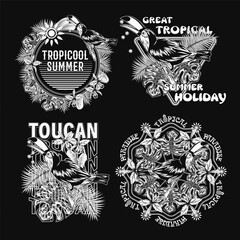 Set of monochrome labels with toucan bird, tropical foliage, orchid, text on black background. Holiday summer theme. Detailed illustration for prints, clothing, t shirt design