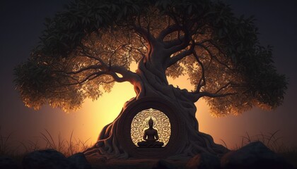 Silhouette buddha sitting under the bodhi tree on sunset background. - obrazy, fototapety, plakaty