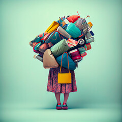 Illustration of unrecognizable woman in modern skirt and shoes standing against green background. Generative AI, woman with stack of colorful bags