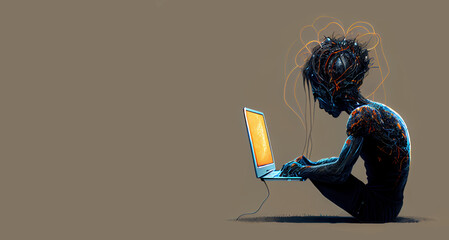 Side view of unrecognizable cyborg person addicted to internet and technology typing on keyboard of laptop, generative ai on brown background with copy space.