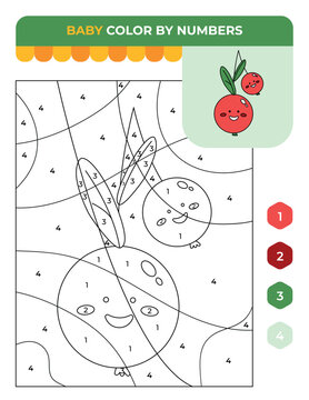Number coloring game for children, fruits cherry, summer children game
