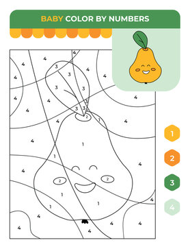 Number coloring game for children, fruits pear, summer children game
