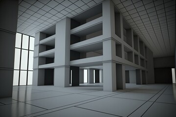 Modern office building inside, unoccupied. Layout with no ceiling at all. Generative AI